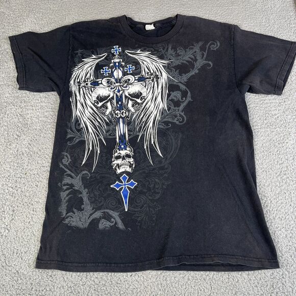 Y2K Skull Sword Cross Wings Demon T Shirt Mens Large Black Graphic Alstyle - Picture 1 of 11
